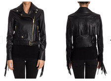 Moschino Boutique Black Gold Tassel Leather Biker Jacket Coat Womens It38 Uk 6 8