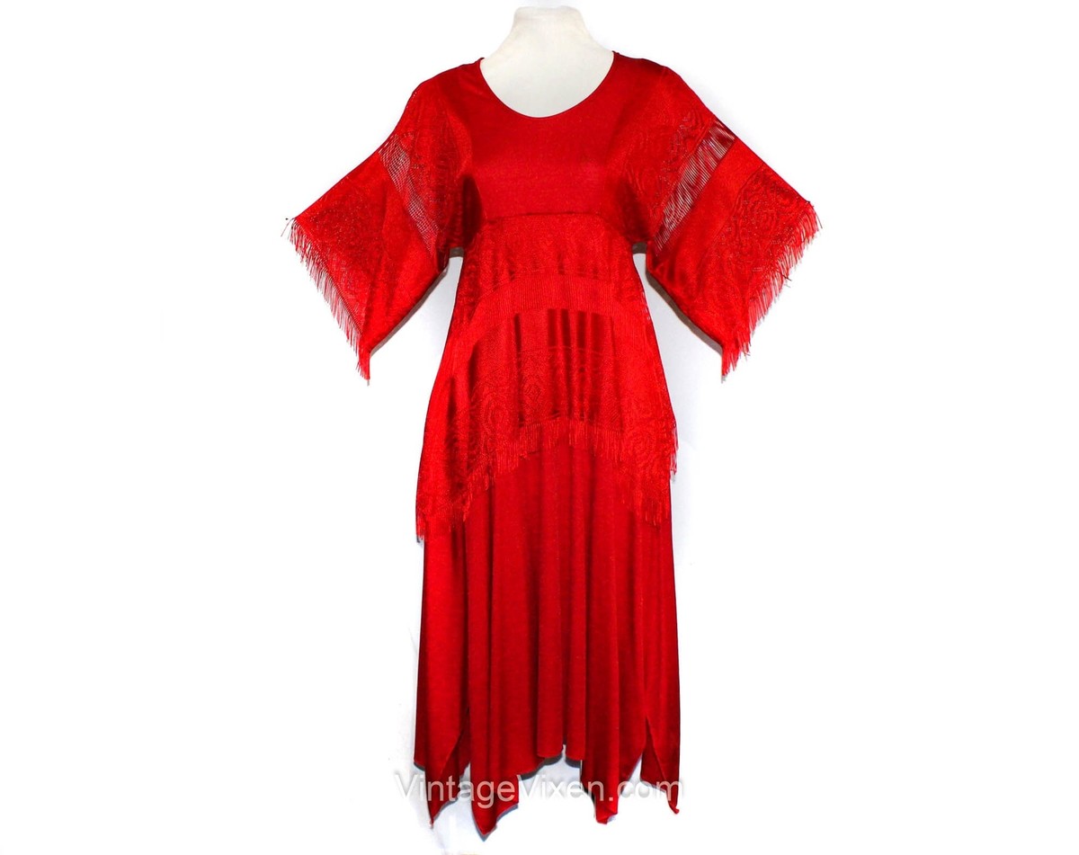 Red Boho Dress 1970s Hippie Festival Tunic Fringe Sleeves & Handkerchief  Hem XS | eBay