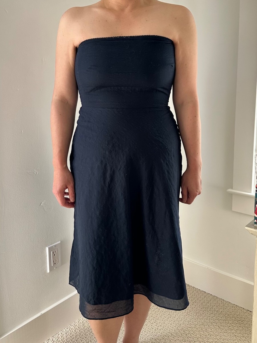 navy blue strapless knee length dress Strapless Pleated knee length Dress with Asymmetric Neckline 40035