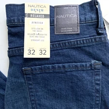 NWT Nautica Jeans Men's Size 32x32 Stretch Relaxed Straight Leg Dark Wash Denim