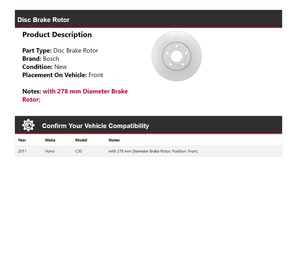 Передний дисковый тормоз QuietCast для 2011 Volvo C30 Bosch - Изображение 2 из 4