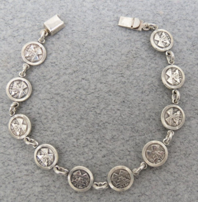 Mexican Bracelet Signed MO 68 Aztec Pyramids Cactus Sterling Silver  7.5'' Long