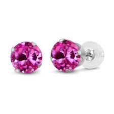 14k White Solid Gold Created Pink CZ Round Stud Earrings 3mm