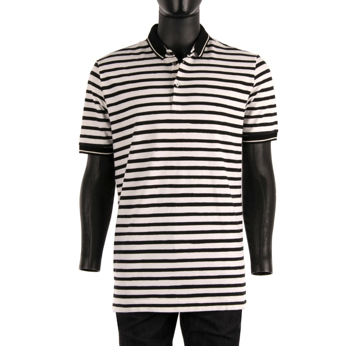 DOLCE GABBANA Striped Cotton Polo Shirt Black White 52 US 42 L
