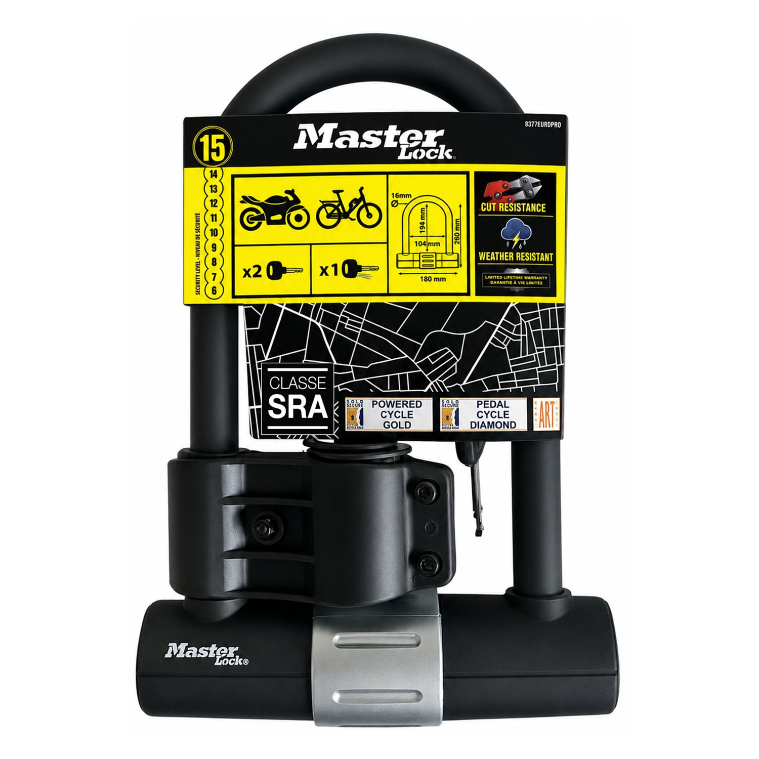 Antivol en U Master Lock 8377EURDPRO en acier cémenté noir pour sécuriser votre vélo