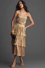 Mac Duggal 27062 Tiered Metallic Midi Dress Gold - Size 10