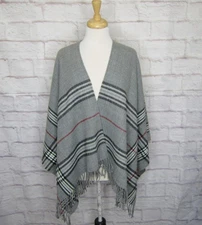 V. FRAAS Gray Plaid Scarf Wrap Ruana Poncho Fringe One Size