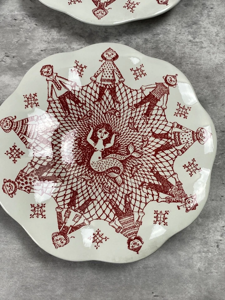 MCM 60s Bjorn Wiinblad Nymolle Plate Lot 4 Mermaid in Net Fisherman Denmark RARE - Image 3 of 4