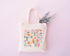 Flowers Tote Bag, Floral Cotton Shopper Bag, Botanical Print, Flower Bag, Floral