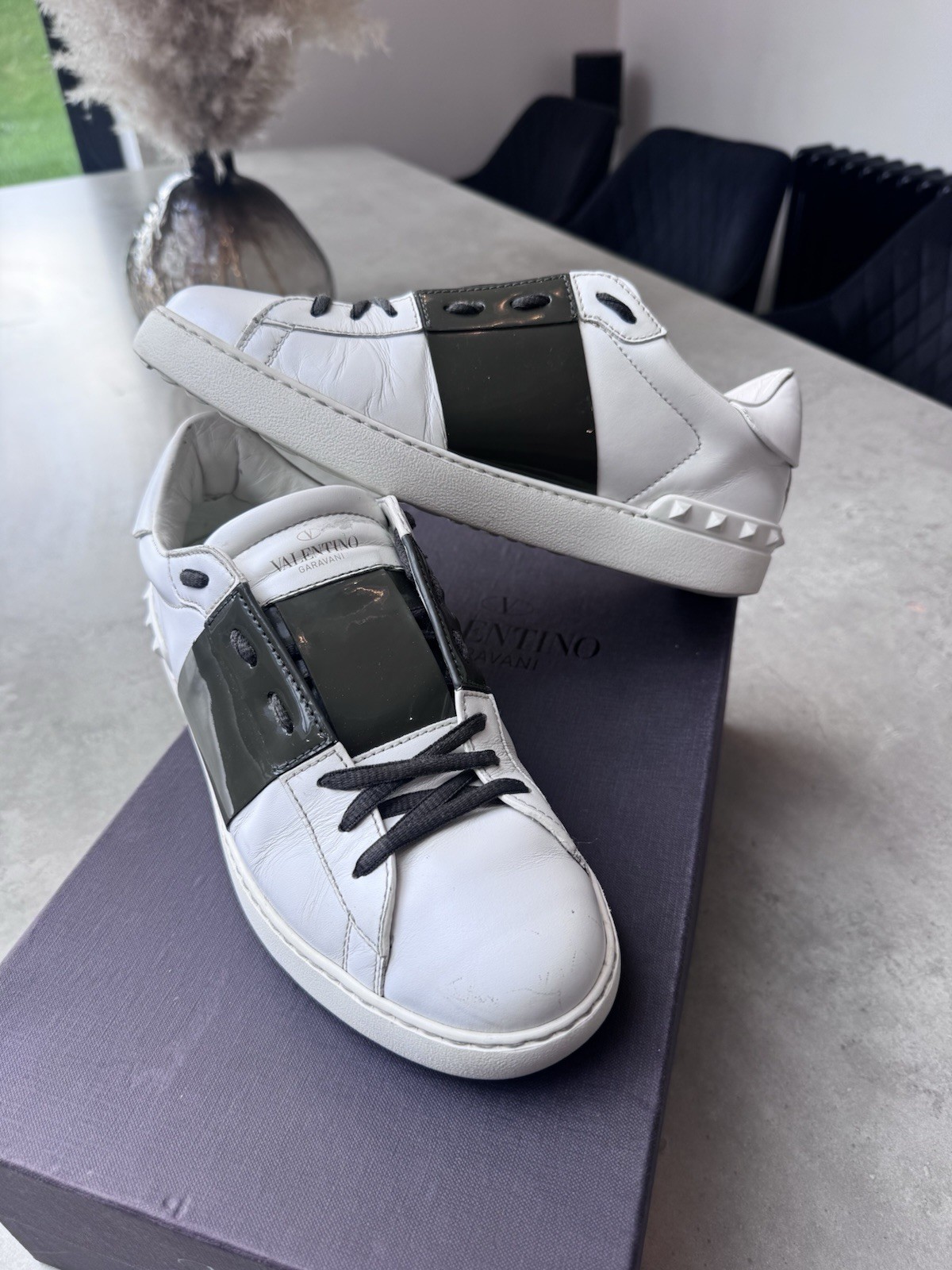 Valentino Garavani Open Low Top Patent Trainers White And Khaki (RRP £445)