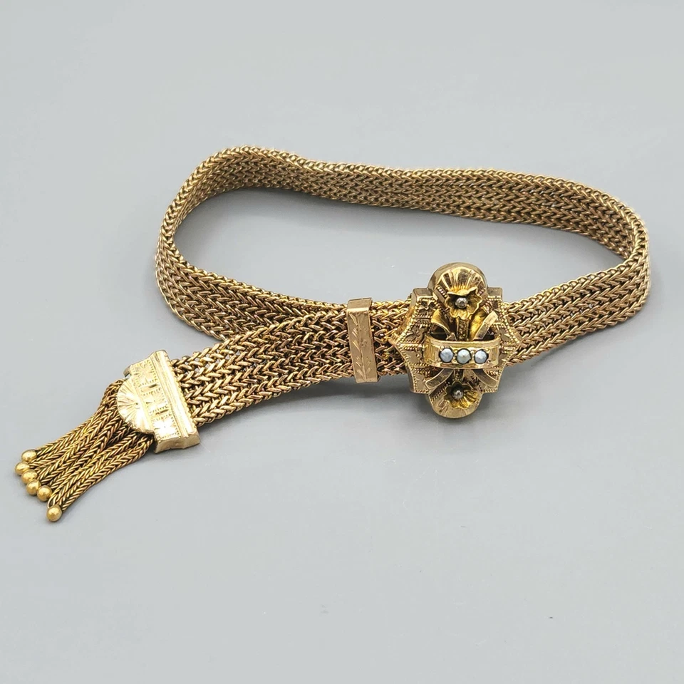 Brazalete Victoriano Años 1870 Relleno Oro Flor Etrusca Perla Malla Borla Deslizable 22.4g Foto 4 de 4