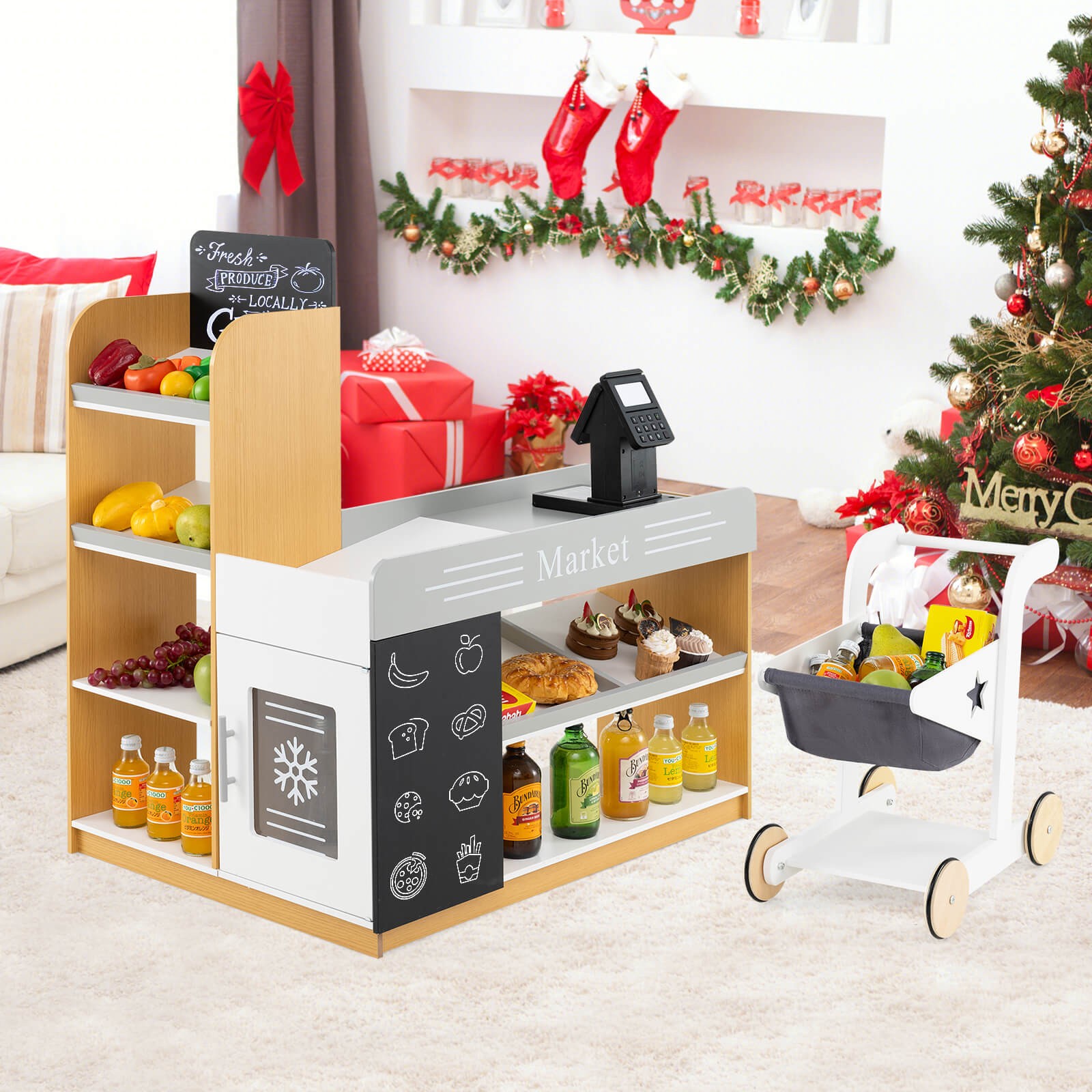 как выглядит Kids Grocery Store w/ Shopping Cart Cash Register Scanner Blackboards Toddlers фото