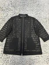 Ming Wang Jacket Women 1X Black Knit Full Zip Tunic Eyelet Woven Lace Blazer