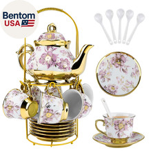 20 Pcs Porcelain Tea Set with Metal Holder European Flower Tea Sets for Adults,