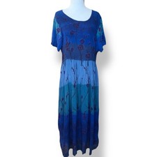 Vintage 90s Ombre Blue Floral Crinkle Dress Short Sleeve Maxi Boho Festival