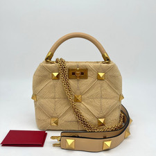 Valentino Garavani Roman Stud Small Raffia Top Handle Gold Bag