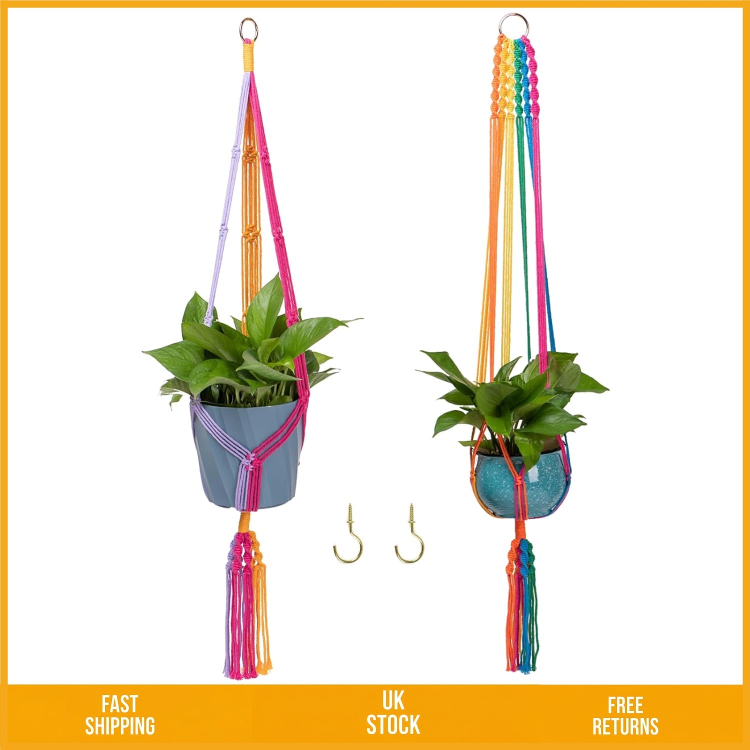 Vibrant Rainbow Macrame Plant Hanger Handmade Cotton Boho Decor 41 Inch 2 Pk