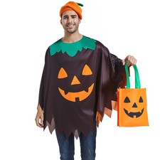 OCTEEN Women Pumpkin Costume 3PCS Halloween Set with Poncho Beret Candy Bag