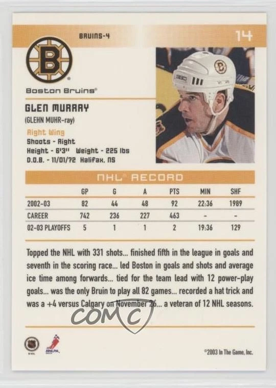 2003-04 ITG Action All-Star Game /10 Glen Murray #14 - Image 2 of 2