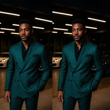 Green Pinstriped Men's Suits Peak Lapel Double Breasted Wedding Tuxedo Coat Pant