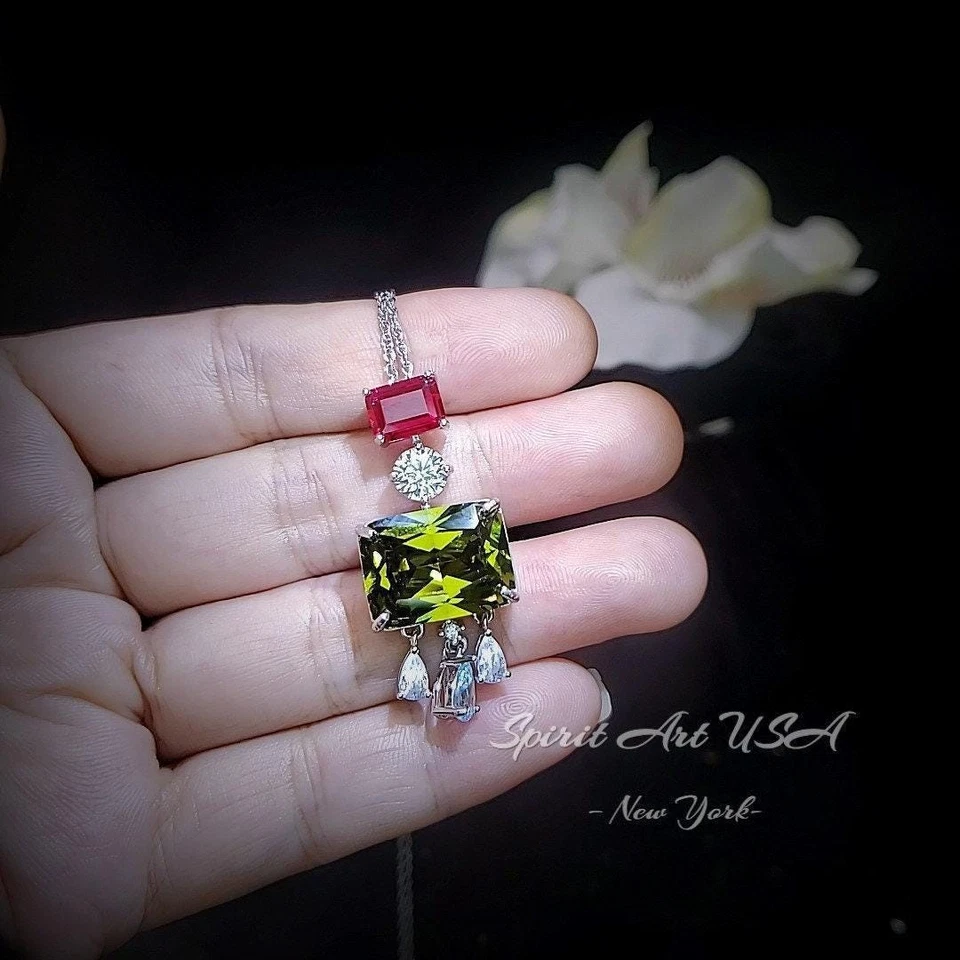 Geometric Scissor Green Peridot Necklace - Sterling Silver Tassel Dangle Lab - Image 4 of 4