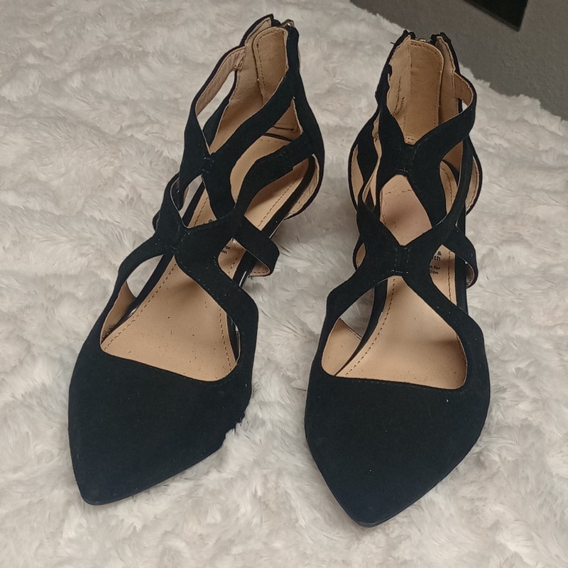 Liz Claiborne Women’s Black Strappy Pointed Toe Zip Stiletto Heels 5.5