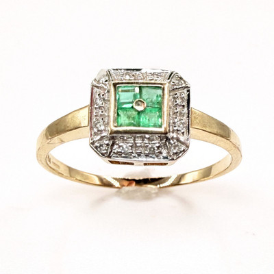 Cluster-Ring 9 kt Gold Art Deco Stil Smaragd & Diamant gepunzt Größe T