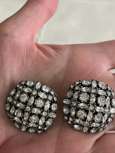 Marvella Rhinestone Silver Tone Vtg Clip Earrings Round Domed Statement Glam - Picture 19 of 19
