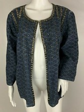 Chico's Blue Chambray Eyelet Beaded Embellished Blazer Jacket Size 3