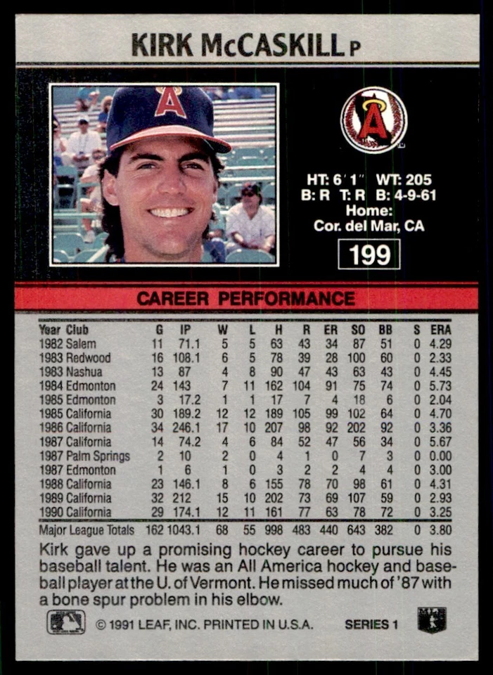1991 Leaf Kirk McCaskill California Angels #199 - Image 2 of 2