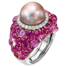 Fabulous Shiny Pearl, White Cubic Zirconia & Pink Ruby Wide Bridal Wedding Ring