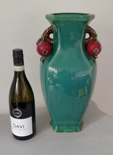 Huge Antique Chinese  Qing   Green Cracked Glaze Hu Vase With Peach Handles