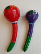 Mexican Hand Painted Wooden Musical Maracas - A Pair Light Of Maracas