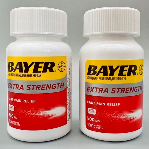 Bayer Aspirin Extra Strength 500mg, 100 Coated Caplets x 2 PACK Exp 2