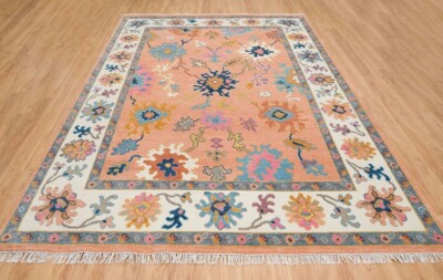 Contemporary Oushak Rug in Carnelian Orange and Ivory Living Room Area Rug
