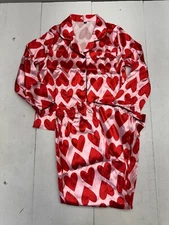 Shein Pink Red All Over Heart Graphic 2 Piece Pajama Set Womens Size Medium