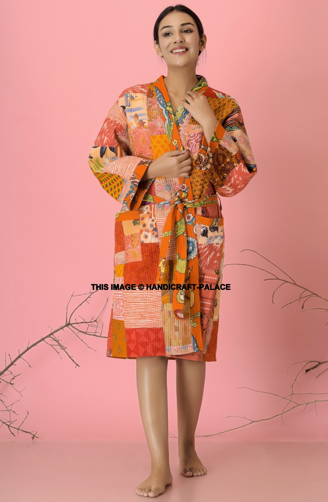 Indio Algodón Puro Mujeres Boho Kantha Chaqueta Guateada Kimono Albornoz Vestido
