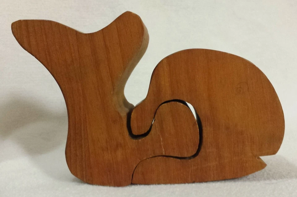 Hand-crafted Wooden Whale Interlocking 3D Puzzle Two-Piece Natural Wood Color - Image 2 of 4