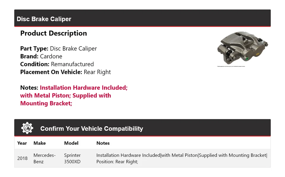 Pinza de freno de disco trasera derecha Cardone para Mercedes-Benz Sprinter 3500XD 2018 Foto 2 de 4