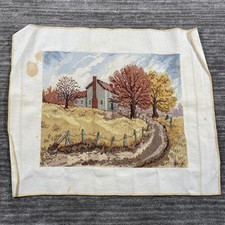 Vintage Autumn Farmhouse Landscape Wool Needlepoint Tapestry OOAK Signed BAY '90