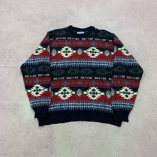 Vintage Knitted Jumper abstract patterned grandad knit sweater Men's XL