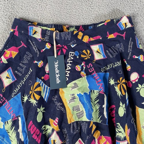 ModCloth Midi Skirt Womens Large / 29 Blue Linen Blend Beachy Coastal Resort NEW - Picture 2 of 12