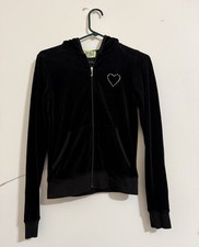 Vintage Y2K JUICY COUTURE Zip Up Hoodie Black Velour Rhinestone Heart Jacket