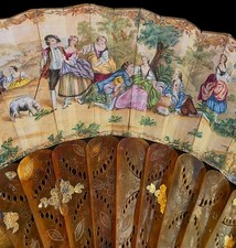 Fine Antique 19th Museum Quality French Hand Painted Carved Sticks Fan Ca 1850