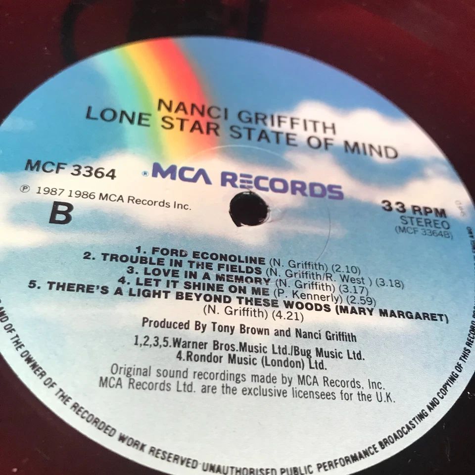 NANCI GRIFFITH Lone Star State Of Mind 1987 vinyl LP Trouble In The Fields Nancy - Image 4 of 4