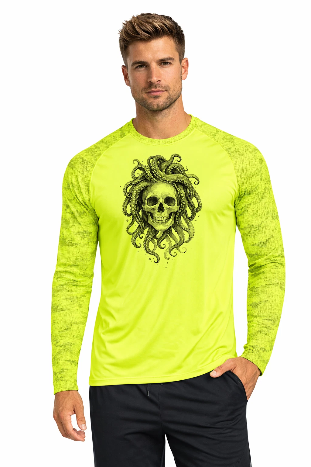 Skull Octopus Water Sport Boat Camo Long Sleeve UPF 50 T-Shirt UV Protection