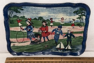 ANTIQUE TIN LITHO TOY TEA SET TRAY DISH EARLY JUMP ROPE SAILBOAT BABY CARRIAGE