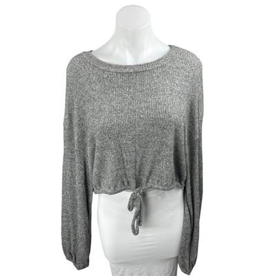 American Threads Gray Long Sleeve Ribbed Knit Tie Hem Cropped Sweater Top Size M