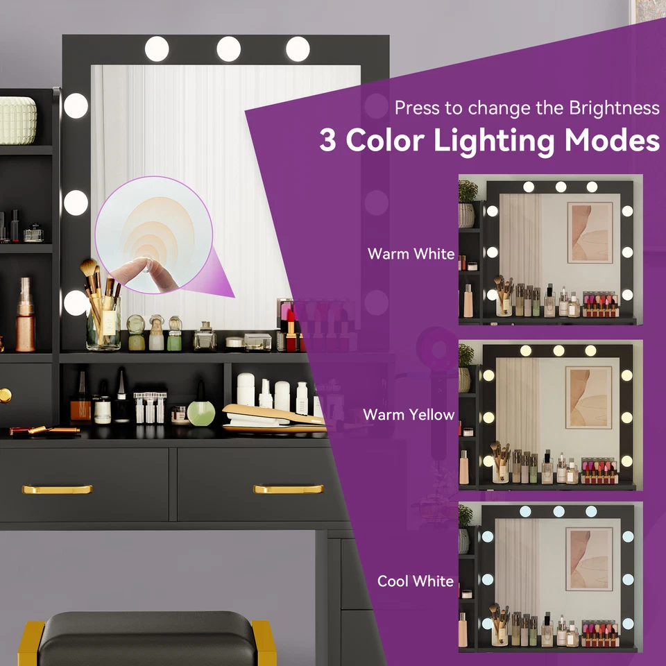 Juego de Tocador con Espejo Iluminado 3 Colores LED Maquillaje Tocador Escritorio Foto 4 de 4