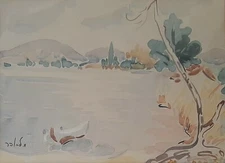 MILIA LAUFER (1920-2008), Watercolor on Paper, Lake Galilee With A Boat, Signed